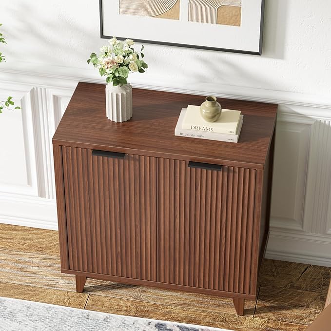 Fluted Cabinet with Storage, 2 Doors Sideboard Buffet, Mid Century Modern Accent Cabinet with Adjustable Shelves, Multifunctional Console Table with Storage for Living Room, Kitchen, Entryway