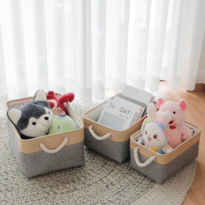 Fabric Storage Basket Set of 3, Foldable Linen Storage Box for Nursery and Home, Collapsible Canvas Shelf Basket for Wardrobe or Bedroom, Grey and Beige