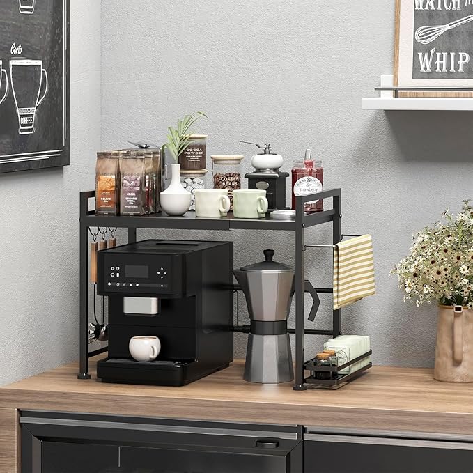 DOLALIKE Microwave Oven Rack, Expandable Microwave Stand Countertop Kitchen Utensils Tableware Storage, Carbon Steel Over Microwave Shelf Countertop with 6 Hooks-NeatNest