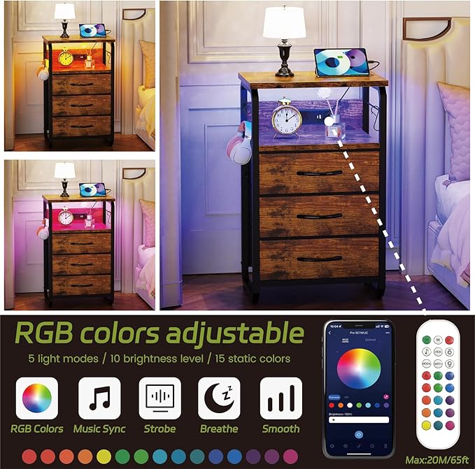 Bed Side Table with 3 Fabric Drawers, Night Stand with Charging Station, LED Nightstand with Hooks, Bedside Table End Table with Storage, Night Table for Living Room, Bedroom (Rustic Brown)-NeatNest