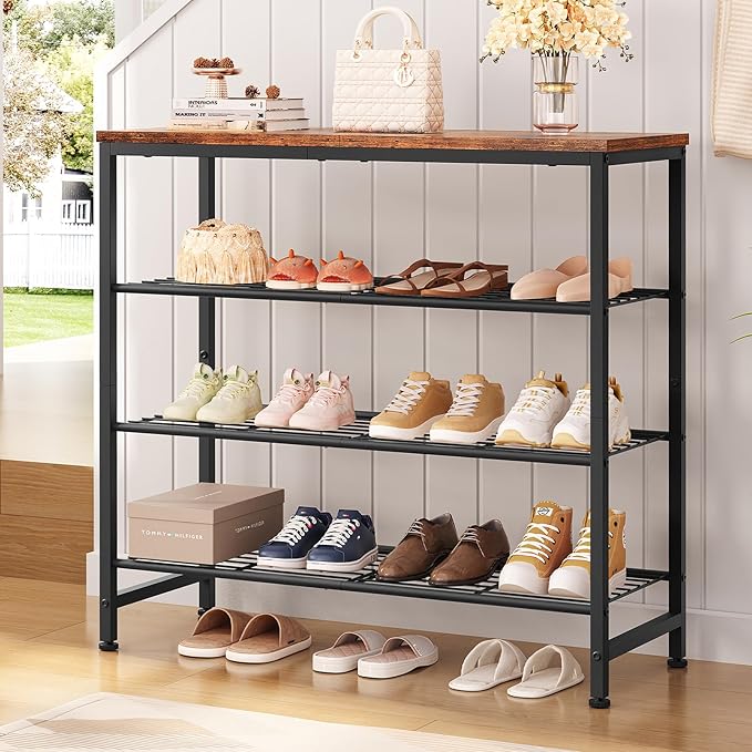 usikey 4-Tier Shoe Rack, Industrial Shoe Storage Organizer for 9-12 Pairs of Shoes, Metal Shoe Shelf with Wooden Top, Shoe Stand with 3 Metal Shelves for Entryway, Hallway, Closet, Rustic Brown-NeatNest