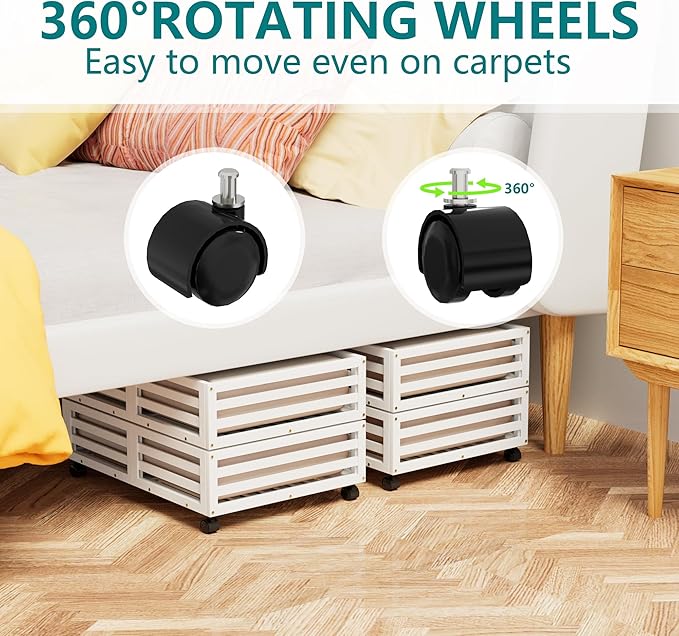 Bamboo Under Bed Storage Containers- Underbed Organizer with Wheels with Large Dust Bag,Sturdy Wood Rolling Under the Bed Shoe Storage Organizer Drawer 2 Packs (White, Small)-NeatNest