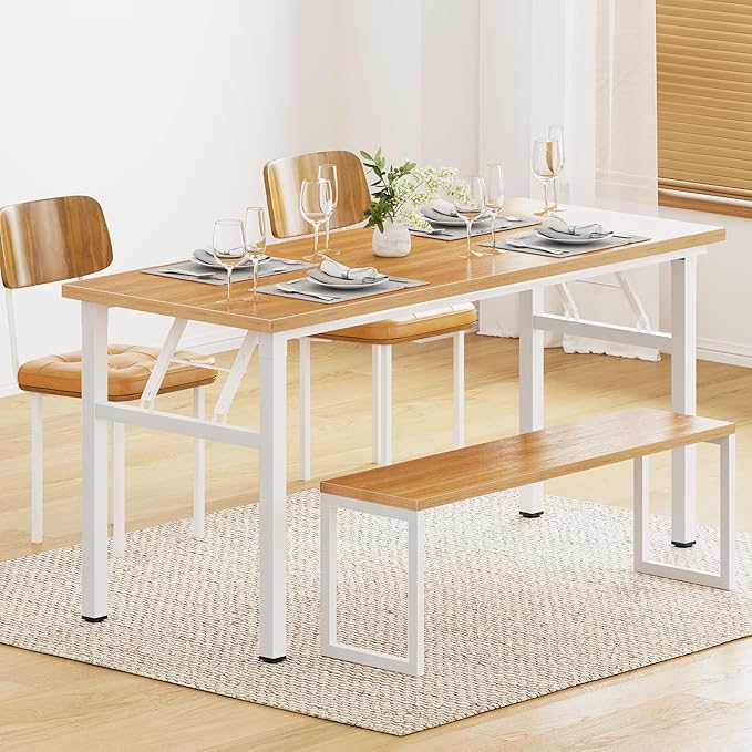 DlandHome Computer Desk 62 inches Office Desk Computer Table Study Writing Desk Workstation for Home Office Metal Frame Teak and White-NeatNest