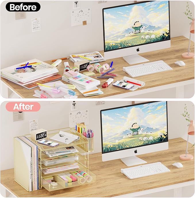 Desk Organizers and Accessories, 5-Tier Paper File Organizer with Drawer & Pen Holder, Office Desk Accessories Workspace Desktop Organizer for Office Supplies(Gold)-NeatNest