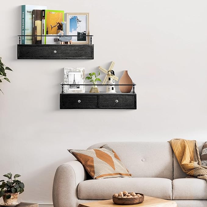 Floating Shelves for Wall Storage, Wall Mounted Bathroom Shelf with Drawers Set of 2, Rustic Wood Wall Shelves for Bedroom, Living Room, Kitchen, Wall Decor, Plants, Books, Black-NeatNest