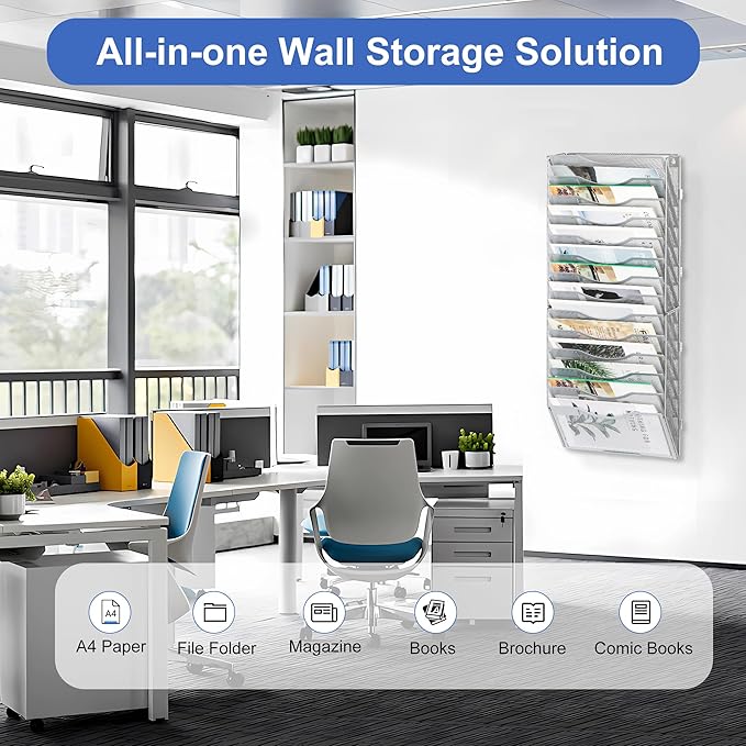 EasyPAG 14 Pocket Wall File Organizer, Silver | Metal Mesh Wall Mounted File Holder | Assembly Hanging Mail Organizer | Replaceable Classify Labels | Office Home Letter Size Paper Storage