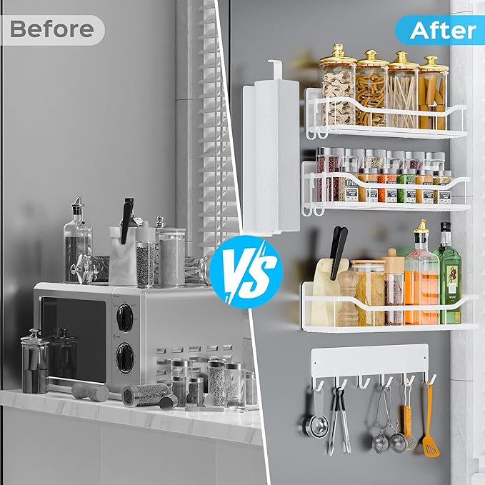5 Pack Magnetic Shelves for Washing Machine & Refrigerator, Paper towel holder, Movable Powerful Magnetic Spice Racks with Unique Hollow Design, for Laundry Room and Kitchen Organization (White)