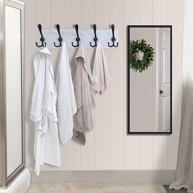 Dseap Coat Rack Wall Mounted - 5 Tri Hooks, Heavy Duty, Wooden Wall Coat Hanger Coat Hook for Clothes Hat Jacket Clothing, White & Black, Pack of 2