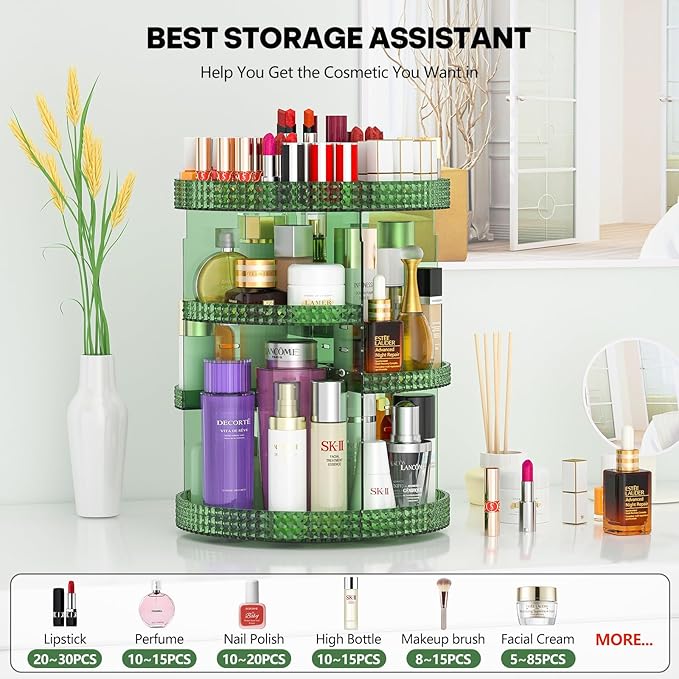360 Degree Rotating Makeup Organizer for Vanity, Large Capacity Beauty Organizer, Adjustable DIY 7 Layers Perfume Organizer, Skincare Organizers Fits Cosmetics and Accessories(Emerald Green)-NeatNest