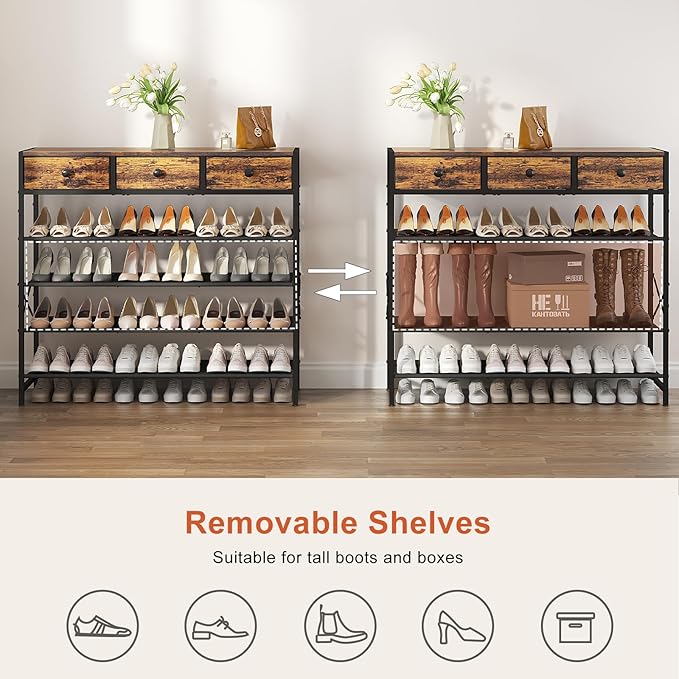 Shoe Rack, 5 Tier Shoe Organizer with 3 Drawers, Metal Shoe Storage for 24-30 Pairs of Shoes with Fabric Shelves and Wooden Top, Narrow Shoe Shelf for Closet Entryway Rustic Brown-NeatNest