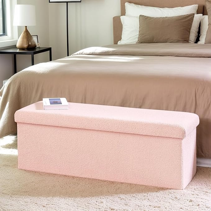 43 Inches Storage Ottoman Bench - Extra Large Foldable Ottoman with Storage, Bench for Living Room, Bedroom, Entryway - Pink