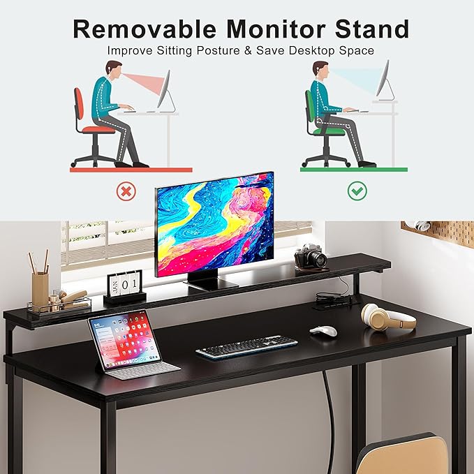 Need 60 inch Computer Desk with LED Lights & Power Outlets, Large Home Desk with Monitor Shelf, Writing Table Gaming Desk Home Office Desk, Black-NeatNest