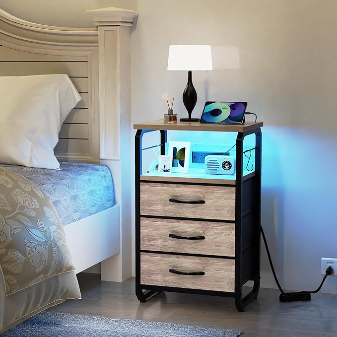 Bed Side Table with 3 Fabric Drawers, Night Stand with Charging Station, LED Nightstand with Hooks, Bedside Table End Tables with Storage, Night Tables for Living Room, Bedroom (Beige)-NeatNest