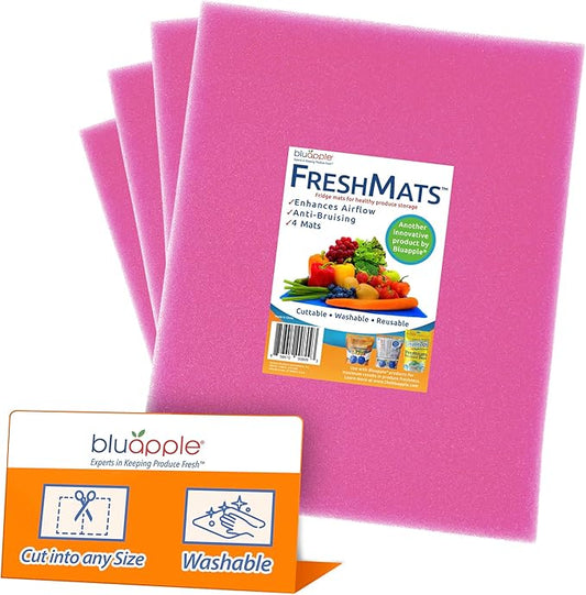 Bluapple FreshMats, Refrigerator Bin Liner, Fridge Drawer Mats, Crisper Life Extender Liner Keeps Produce Fresh Longer, Anti-Bruising, Helps Air Circulation, Washable & Reusable (4-Mats, 12x15, Pink)-NeatNest