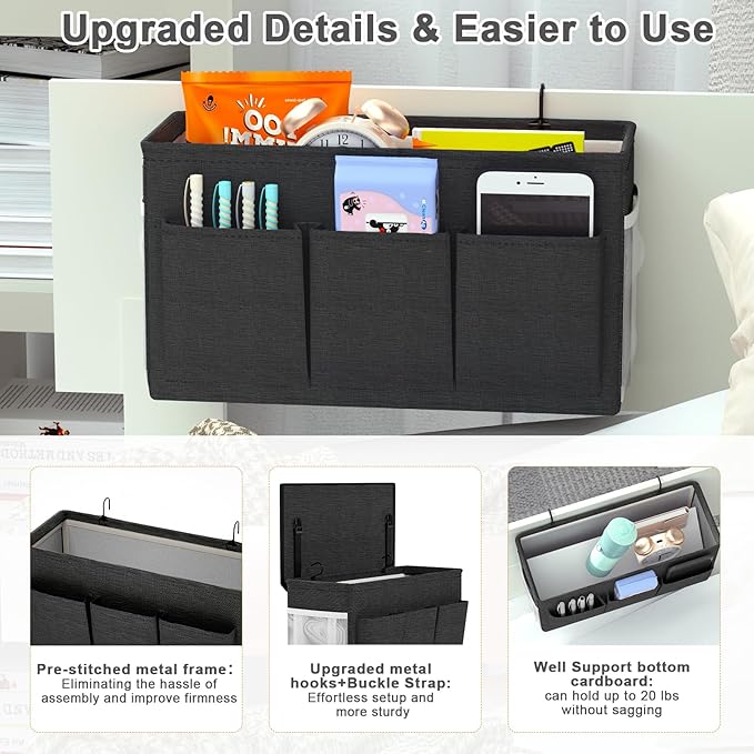 Dual-purpose Bedside Caddy Bedside Organizer, Bed Caddy with 6 Pockets, Versatile Bedside Storage Solution Magazine Remotes holder, ideal for Home, Dorm, Hospital, Crib Bed (Black)-NeatNest