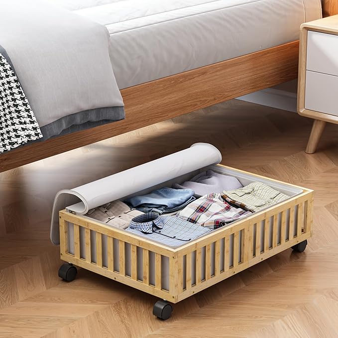 Bamboo Under Bed Storage Containers with Wheels, Rolling Under the Bed Shoe Storage Bins, Wood Stackable Underbed Drawers with Bag Organizer for Bedroom Closet Clothing Sweater Bedding Under Crib Toy-NeatNest