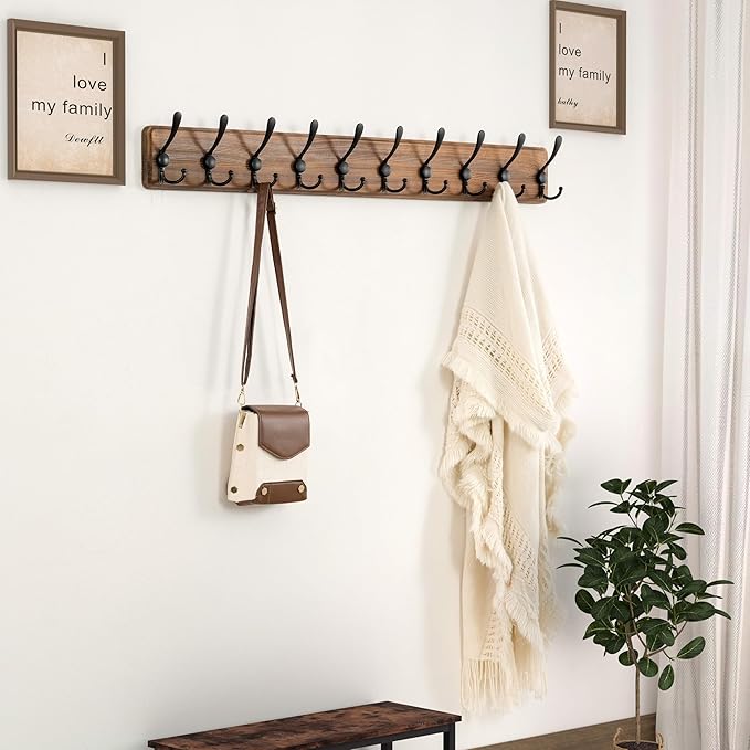 Dseap Coat Rack Wall Mounted - 10 Tri Hooks, 38-1/4" Long, Heavy Duty Wooden Wall Coat Hanger Coat Hook for Clothes Hat Jacket Clothing, Natural & Black, 2 Packs