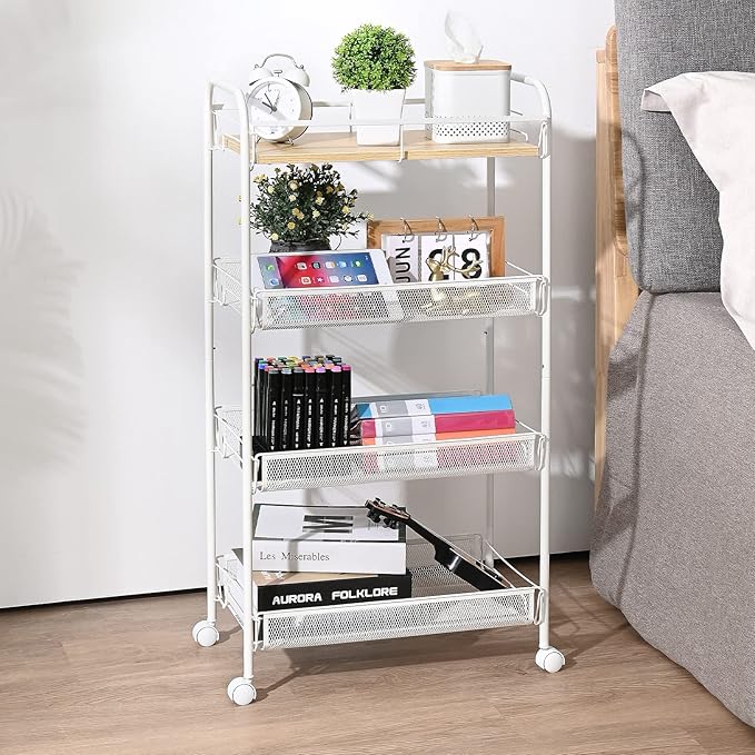 KINGRACK 4-Tier Rolling Cart,Metal Utility Cart with Wooden Tabletop,Easy Assemble Mobile Storage Trolley On Wheels,Craft Storage Cart for Bedroom Kid's Room Office Kitchen Bathroom,White