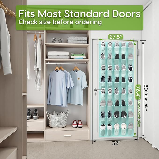 Unjumbly Over the Door Shoe Organizer with 40 Large Breathable Mesh Pockets, Space Saving Shoe Holder, Hanging Shoe Rack for Entryway Bedroom Closet Storage (Mint Blue, 40 Pockets)-NeatNest