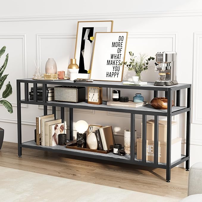 Garvee 58" TV Stand for Television up to 65 Inch, Entertainment Center with 3-Tier Open Shelves, TV Media Console Table Quadruple-Tube Support for Living Room, Entryway, Grey-NeatNest