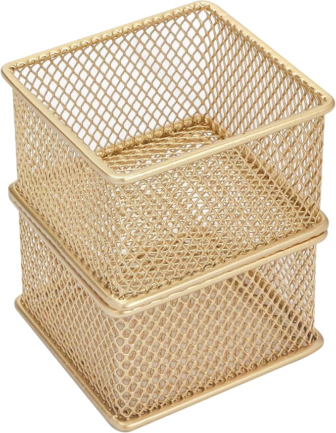 Annova Stackable Mesh Drawer Cabinet and Shelf Organizer Bins Storage Basket School Office Supply Holder Tray- Set of 2 (Gold, 3x3x2 Inch)-NeatNest