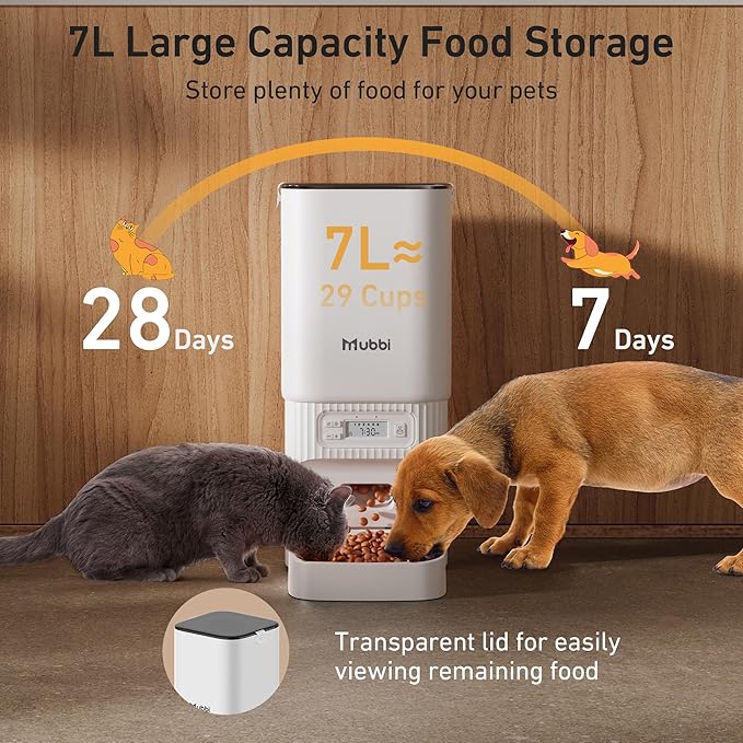 Automatic Cat Feeders, 7L/29 Cups Automatic Dog Feeder with Desiccant Bag, 1-6 Meals Ideal for 2-15mm Dry Food, Suitble for Multiple Pets, Dual Power Supply, Detachable Washable-NeatNest