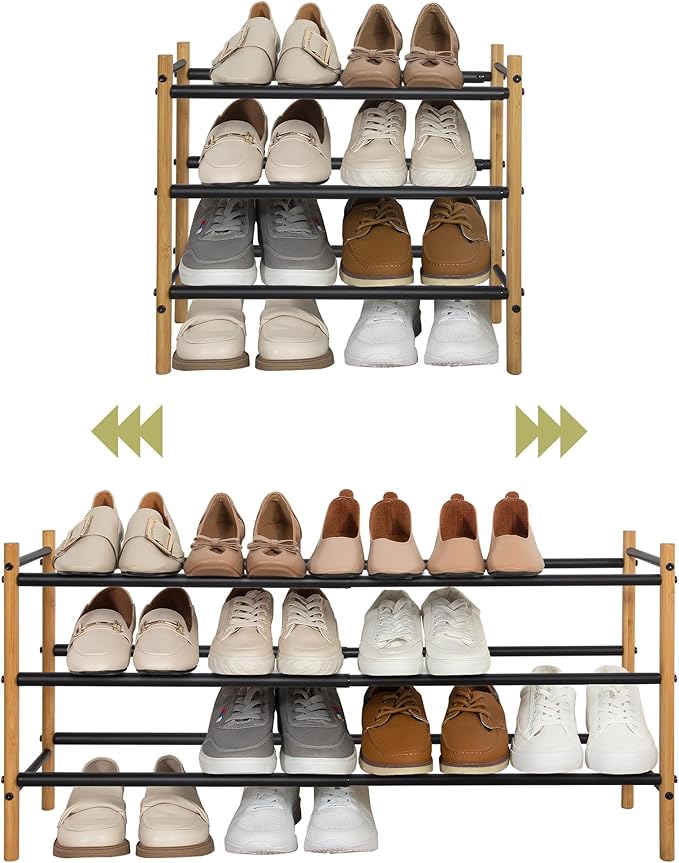 Shoe Rack, Expandable Shoe Storage Organizer for Closet, Bamboo Metal Shoe Shelf for Entryway, Adjustable Small Shoe Rack for Front Door Entrance, Small Space, Garage, 3 Tier Black-NeatNest