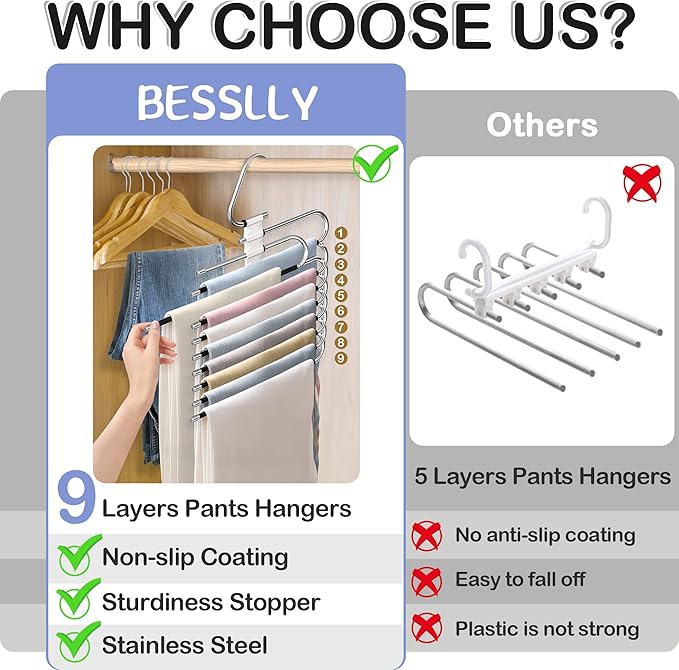 9 Layers Pants Hangers Space Saving, 2 Pack Multifunctional Pant Rack Stainless Steel Closet Organizer for Pants Jeans Leggings Trousers, Antiquewhite-NeatNest