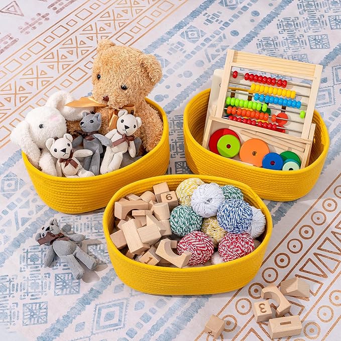 CubesLand Rope Woven Storage Baskets, Small Baby Nursery Organizer Basket, Rectangular Organization/Storage Bins, Closet Shelves Baskets,Empty Gift Basket 3 Packs, Yellow-NeatNest
