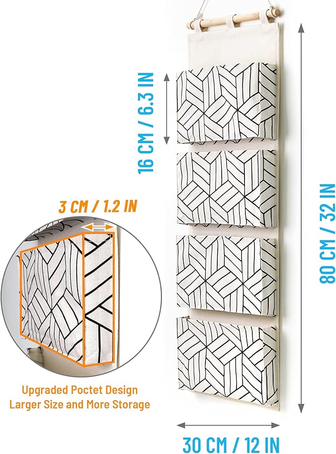 CROWNED 2Pcs Over Door Hanging Storage Bags Wall Mount Closet Organizer, 4 Big Pockets Linen Cotton Fabric Living Room Bedroom Bathroom File Magazine Waterproof Free Hooks White-NeatNest