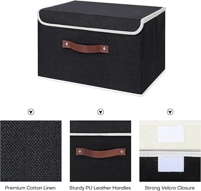 ANMINY 4PCS Storage Bins with Lid PU Leather Handles Storage Boxes PP Plastic Board Decorative Foldable Lidded Cotton Linen Fabric Home Cubes Baskets Closet Organizer Containers - Black, Large Size-NeatNest