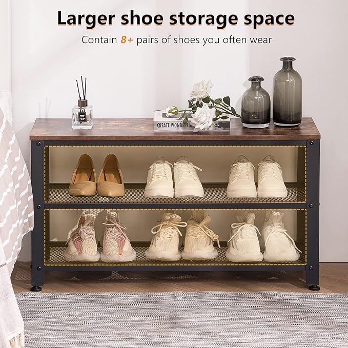 Apicizon Shoe Rack, 35.5 Inches 3-Tier Shoe Rack for Entryway with Long Seat and Metal Shelves for Garage, Industrial Storage Bench with Steel Structure for Living Room, Bedroom, Mudroom, Rustic Brown-NeatNest