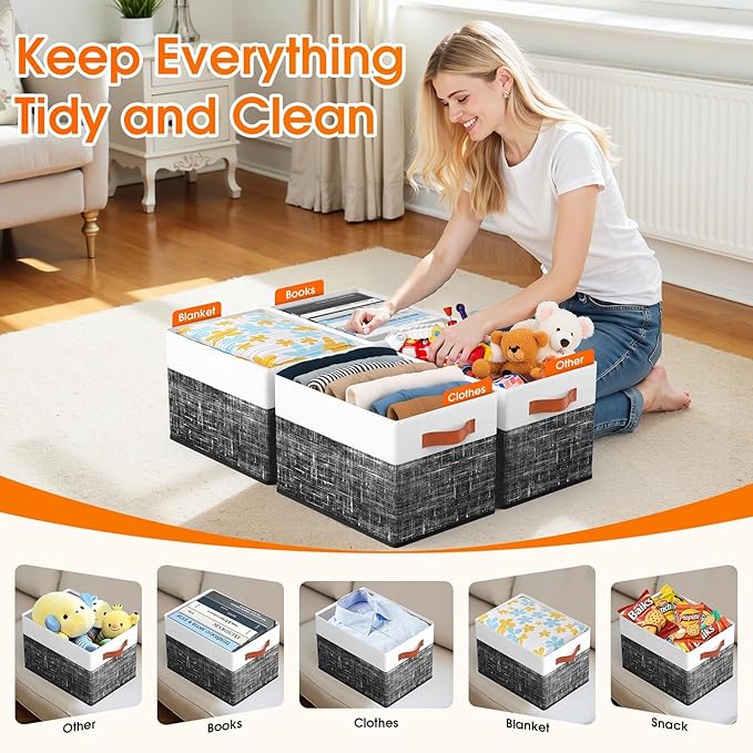 Fab totes Collapsible Storage Baskets for Shelves,14"x10", 8 Pack Foldable Fabric Storage Bins with Double Leather Handles, Large Baskets for Organizing Books, Clothes, White & Black