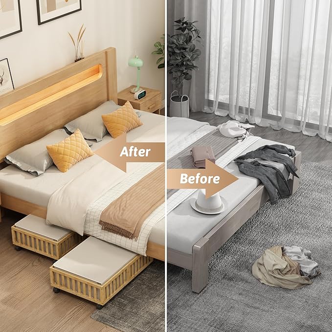 Bamboo Under Bed Storage Containers with Wheels, Rolling Under the Bed Shoe Storage Bins, Wood Stackable Underbed Drawers with Bag Organizer for Bedroom Closet Clothing Sweater Bedding Under Crib Toy-NeatNest