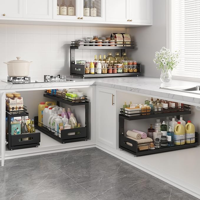 2 Pack 21 IN Depth Pull Out Cabinet Storage With Smooth Rails,2-Tier Dual Pull Out Cabinet Storage For Bathroom Kitchen,Under Sink Shelf-Black-NeatNest