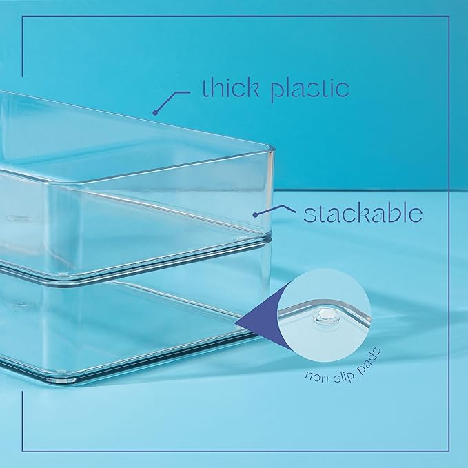 Six Pieces. Plastic Clear Drawer Organizers for Bathroom, Kitchen, Bedroom, Office. Organizer Bins, Storage Trays. Heavy Duty, Stackable, Non-Slip. 3 Sizes-NeatNest