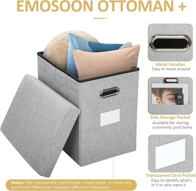 Tall Ottoman with Storage Collapsible Fabric Small Slim Folding Ottoman Furniture with Handles Lid for Room Footrest Foot Stool Linen Light Grey 16.5x16.5x11.8in