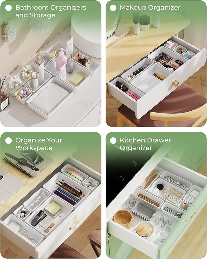 25 PCS Plastic Drawer Organizers Set, 4-Sizes Vanity and Makeup Organizer, Desk and bathroom Drawer Organizer Trays, Organizers and Storage for Makeup, Jewelry, Gadgets, Utensils (White)-NeatNest