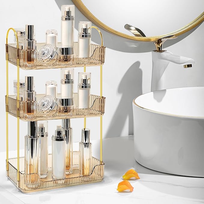 Bathroom Counter Organizer Countertop Storage Skincare Countertop Makeup Organizer Cosmetics Skincare Organizers Holder for Perfume-Amber-Golden Pole-3 Tier-NeatNest