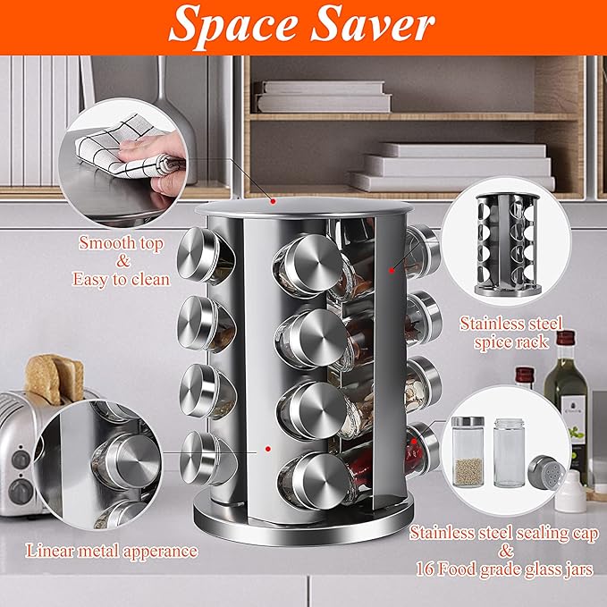 DOUBLE 2 C Revolving Countertop Spice Rack Stainless Steel Seasoning Storage Organization,Spice Carousel Tower for Kitchen Set of 16 Jars (16Jars)-NeatNest