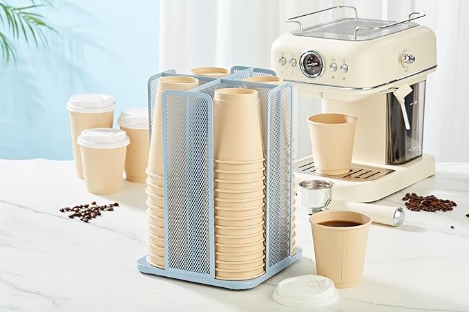 Annova Paper/Plastic Cup and Lid Holder Storage Organizer, 360°Rotating Coffee Cup Dispenser with 4 Compartments, Multifunctional Storage Rack for Home, Office, Bar, Coffee Shop (New Blue)