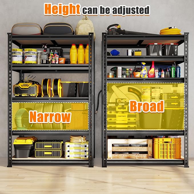 72.12" H Garage Shelving, Storage Shelves Load 2100LBS, 5-Tier Adjustable Shelving Unit with Thickened Wooden Boards for Multiple Scenarios, 72.12" H x 35.55" W x 11.85" D, Black, 2 Pack-NeatNest