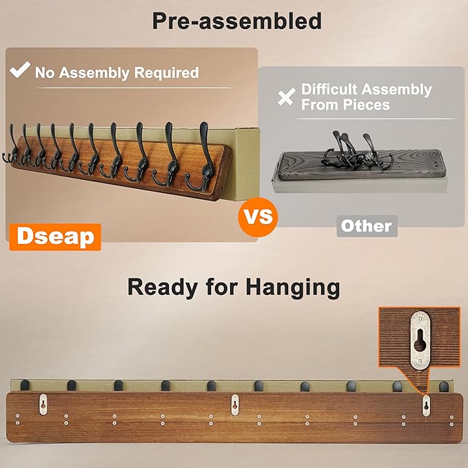 Dseap Wall Mounted Coat Rack with 10 Tri Hooks: Wooden Coat Hook Hanger for Coats Towels Hats Clothes, White & Black