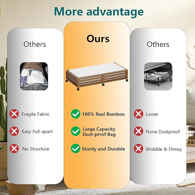 Bamboo Under Bed Storage Containers- Underbed Organizer with Wheels with Large Capacity Dust Bag,Sturdy Wood Rolling Under Bed Shoe Storage Organizer 2 Packs (Walnut, 2 Packs (33.07"×16.54"))-NeatNest