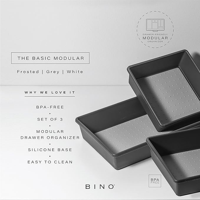 BINO | 3-Piece Drawer Organizer Bin Set, Large - Grey | THE MODULAR | Multi-Purpose Storage | Soft-Grip Lining and Non-Slip Rubber Feet | Durable | BPA-Free | Desk Drawer Organizer | Vanity Organizer-NeatNest