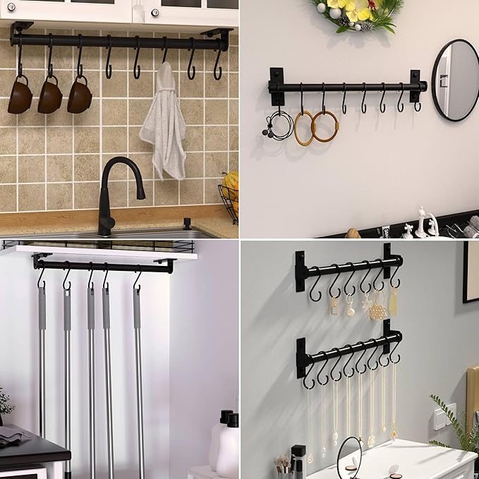 Dseap Kitchen Utensil Holder Hanger, Pot and Pan Rack Wall Mounted, Kitchen Rail with 8 Hooks for Hanging Cooking Utensils, Mugs, Spoons, Wall Mounted, Black-NeatNest
