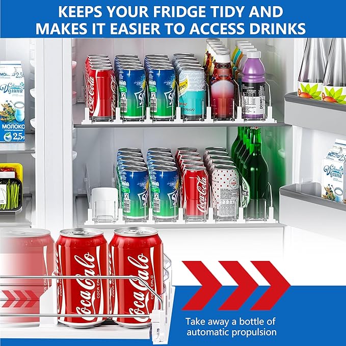 Drink Organizer for Fridge, Soda Can Organizer Dispenser for Refrigerator with Automatic Pusher Glide, Width Adjustable Clear Dividers Can Holder for 30 Cans, 15''D x19''W, 6 Rows
