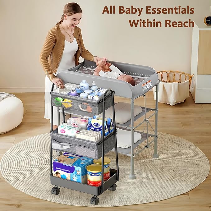 3 Tier Rolling Cart - Baby Diaper Caddy Organizer, 3 Tier Utility Cart Newborn Baby Nursery Essentials, Large Capacity, Easy to Assemble, Storage for Bedroom, Changing Table & Crib