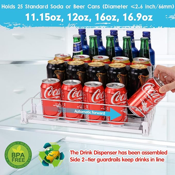 Drink Dispenser for Refrigerator, Self-Pushing Soda Can Organizer for Fridge, 5 Rows already Assembled, Automatic Can Dispenser with Spring Loaded for Refrigerator Holds 25 cans, White