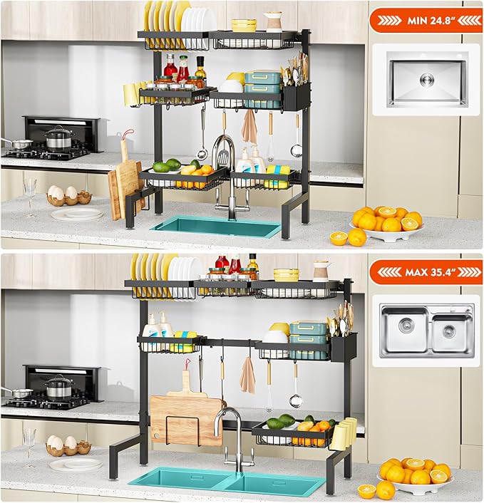 3 Tiers 6 Baskets Extendable (24.8 "-35.4") Large Dish Drying Rack,Open Lounge Sink Kitchen, Large Cutlery Drainer Iron Storage Counter Organizer